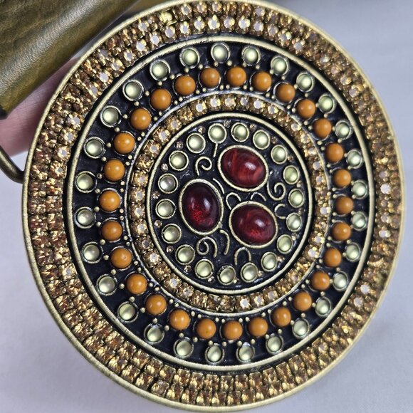 Chico's Size Large Olive Green Wide Leather Belt Crystal & Stone Covered Buckle - Picture 6 of 11